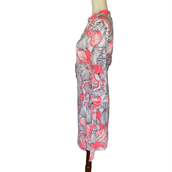 Julie Brown NYC Milo Wrap Shirt Dress in Neon Coral Pink Shell Print - L - Picture 6 of 13